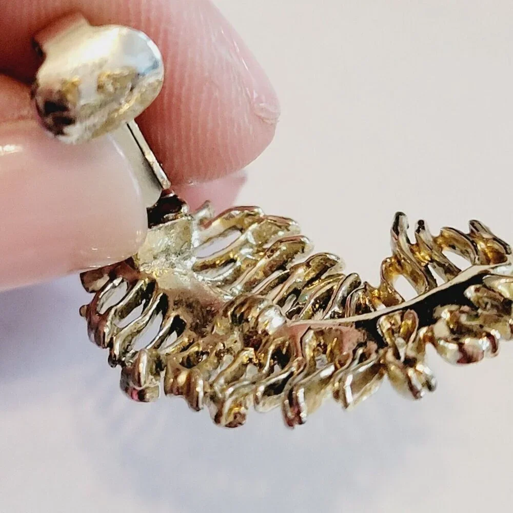 Vintage Coro Large Feather Brooch & Clip Earrings Set Demi-Parure Gold Tone READ
